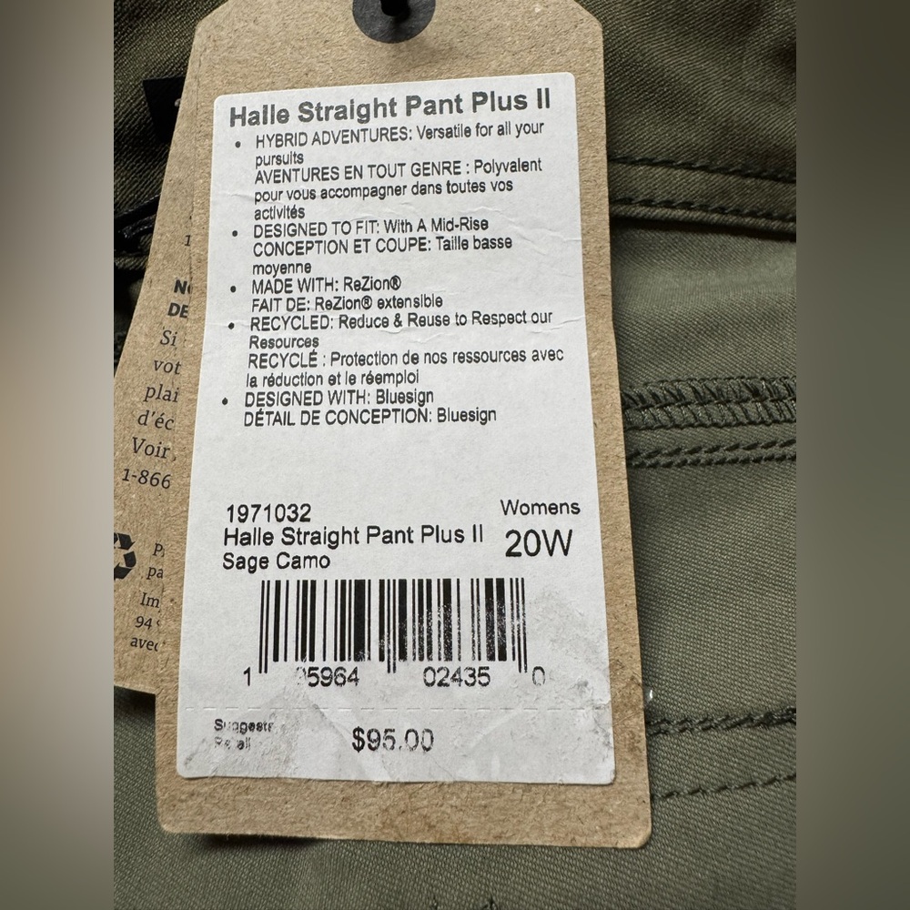Prana Halle Straight Pants Plus II Sz 20W Sage Camo Outdoors UPF Stretch NWT - Picture 10 of 10